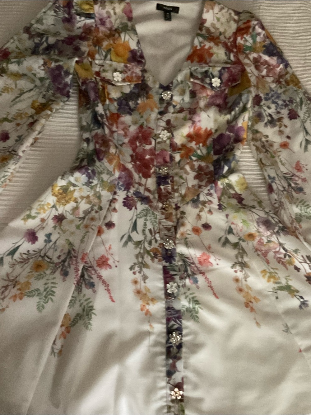 Aqua White Floral Button-Front Blouse with Jeweled Buttons